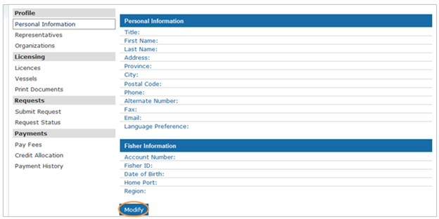 This is an image of the Personal Information screen, where the Modify button is circled in orange