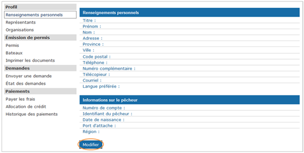 Cette image présente l’écran « Renseignements personnels », dans lequel le bouton « Modifier » est encerclé en orange