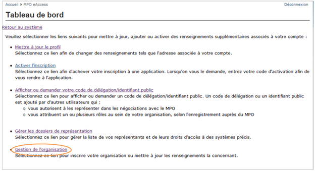 Cette image présente l’écran « Tableau de bord », dans lequel l’hyperlien « Gestion de l’organisation » est encerclé en orange
