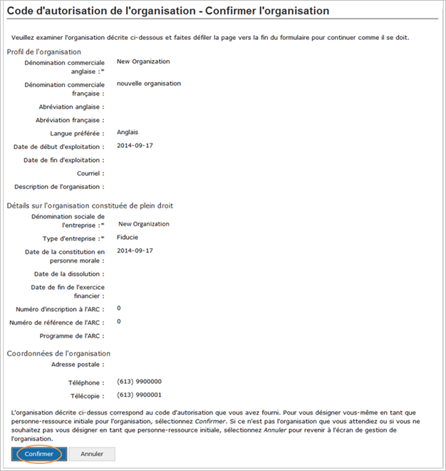 Cette image présente l’écran « Code d’autorisation de l’organisation – Confirmer l’organisation, dans lequel le bouton « Confirmer » est encerclé en orange