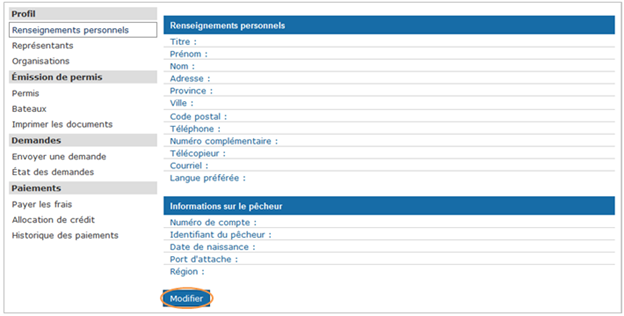 Cette image présente l’écran « Renseignements personnels », dans lequel le bouton « Modifier » est encerclé en orange