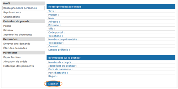 Cette image présente l’écran « Renseignements personnels »