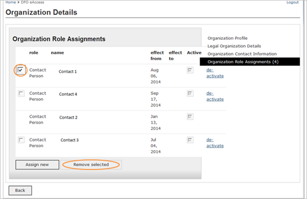 This is an image of the Organization Details screen, where Contact Person 1 and the Remove selected button is circled in orange