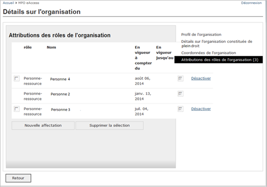 Cette image présente l’écran « Détails sur l’organisation »