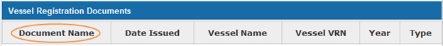 This is an image of the Vessel Registration Documents section within the Print Documents screen, where the Document Name is circled in orange