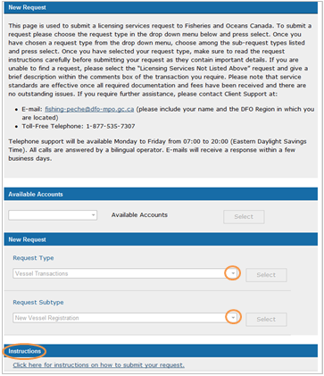 This is an image of the New Request screen with the drop down menus for the Request Type and Subtype, as well as the Instructions section are circled in orange