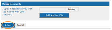 This is an image of the Uploads Document section within the New Request screen, where the Submit button is circled in orange