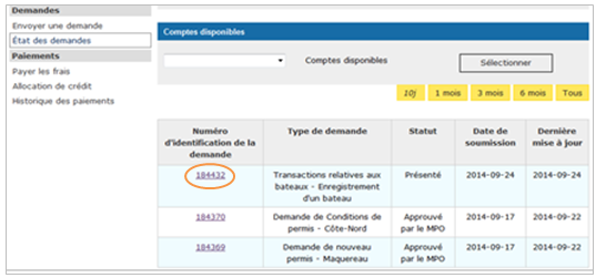 Cette image présente l’écran « État des demandes », dans lequel le numéro d’identification de la demande est encerclé en orange