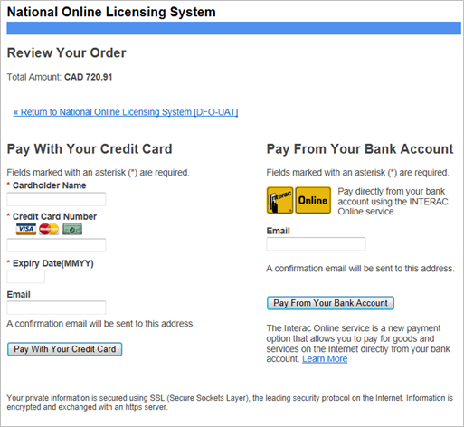 This is an image of the National Online Licensing System Receiver General Buyback payment screen