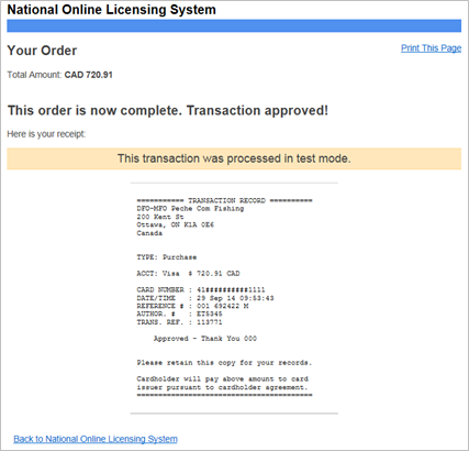 This is an image of the National Online Licensing System Receiver General Buyback payment receipt