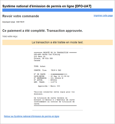 Cette image présente le reçu du paiement du Receveur général du Système national d’émission de permis en ligne