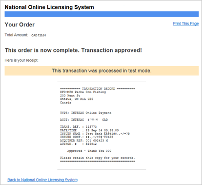 This is an image of the National Online Licensing System Receiver General Buyback payment receipt
