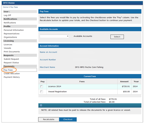 This is an image of the Pay Fees screen, where the Pay Fees is circled in orange