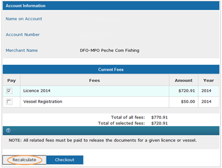 This is an image of the Pay Fees screen, where the Recalculate button is circled in orange