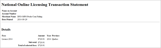 This is an image of the National Online Licensing Transaction Statement.