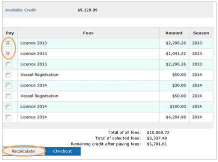 This is an image of the Apply Credit screen, where the checkbox for the fees and the Recalculate button are circled in orange