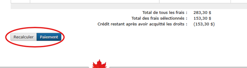Cette image présente l’écran « Allocation de crédit », dans lequel les cases de frais à payer et le bouton « Recalculer » sont encerclés en orange