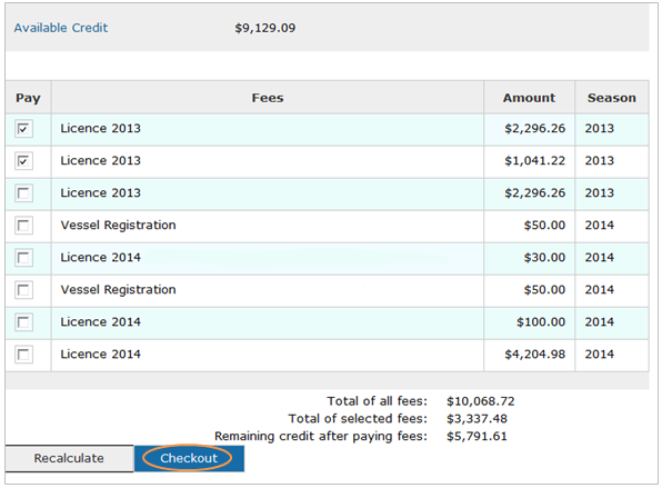 This is an image of the Apply Credit screen, where the Checkout button is circled in orange