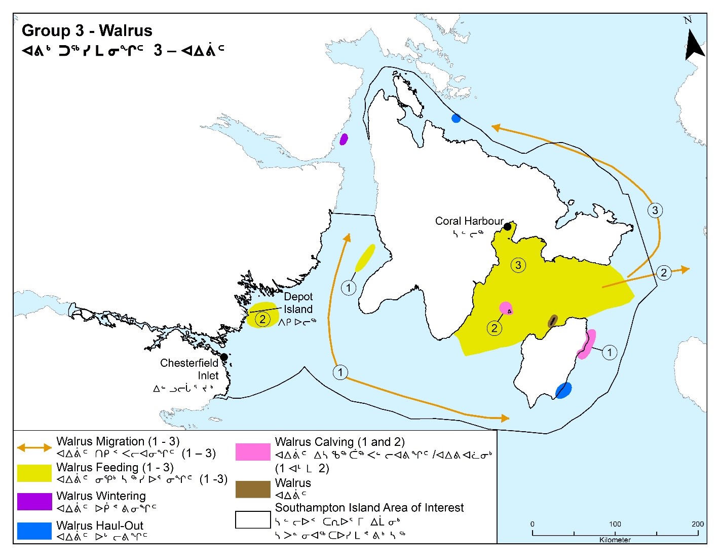 Map showing the Walrus haul-out and feeding areas in the Southampton Island Area of Interest.