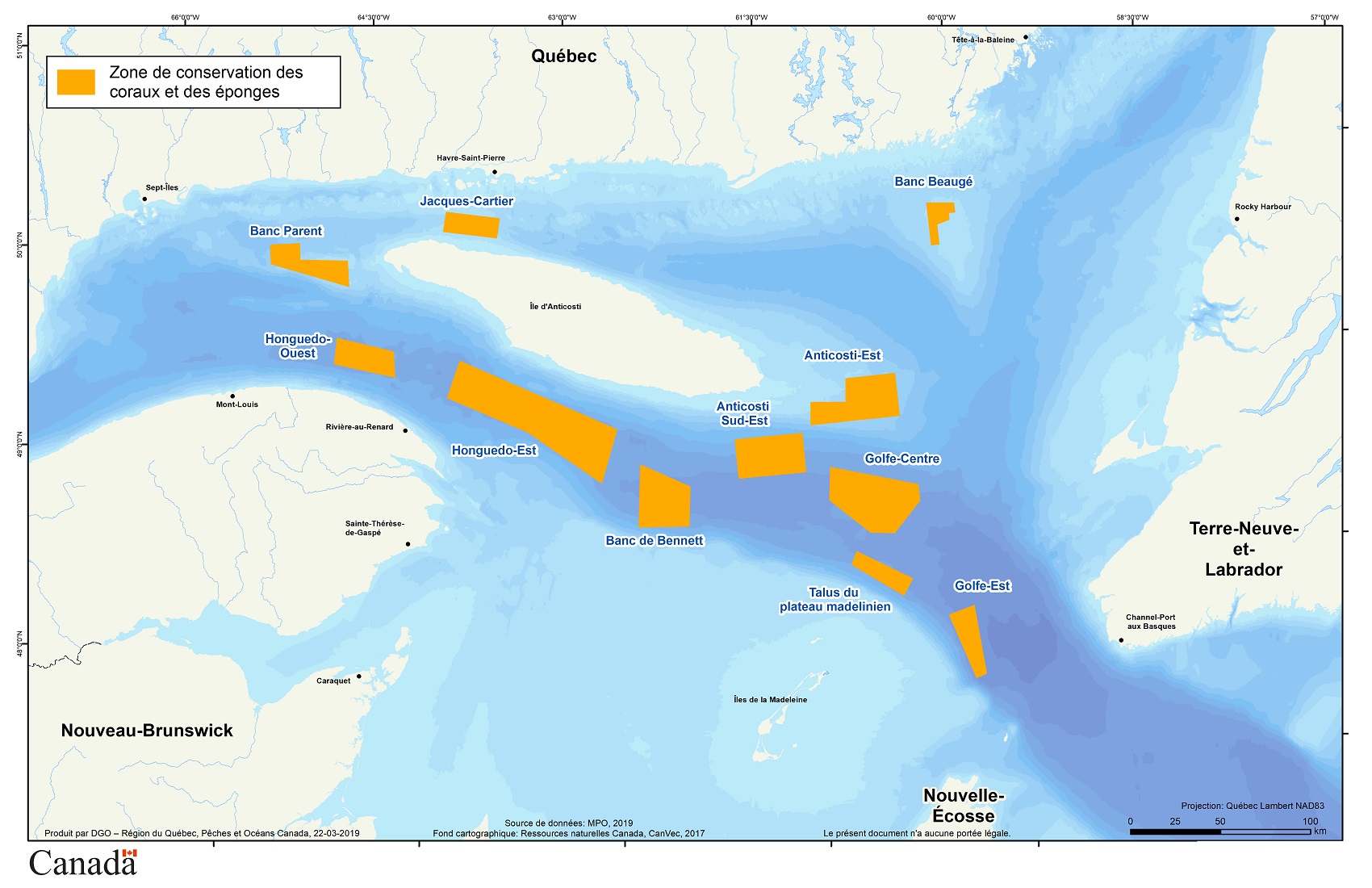 Carte : Les 11 zones visant la conservation des coraux et des éponges de l’estuaire et du golfe du Saint-Laurent