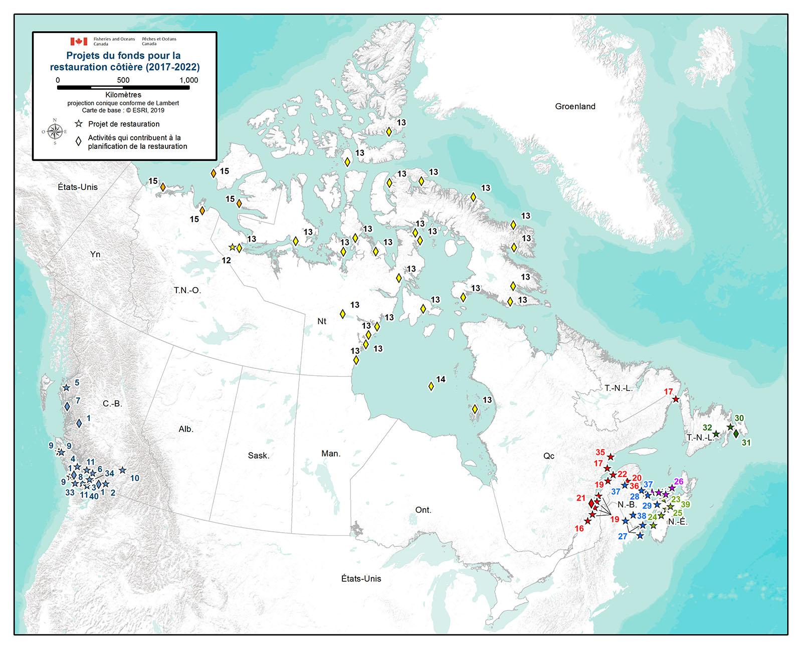 Carte du Canada avec les projets financés identifiés.