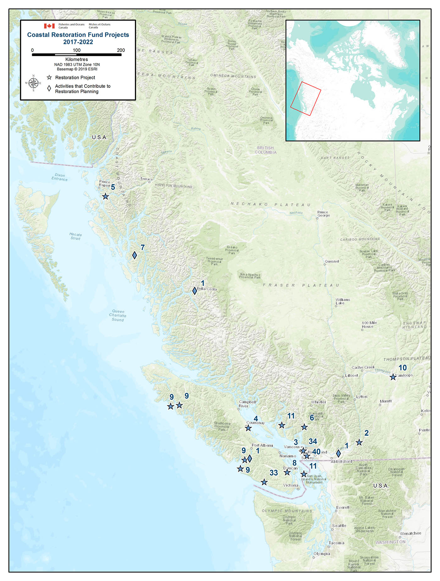 Map of the Pacific coast with projects identified.