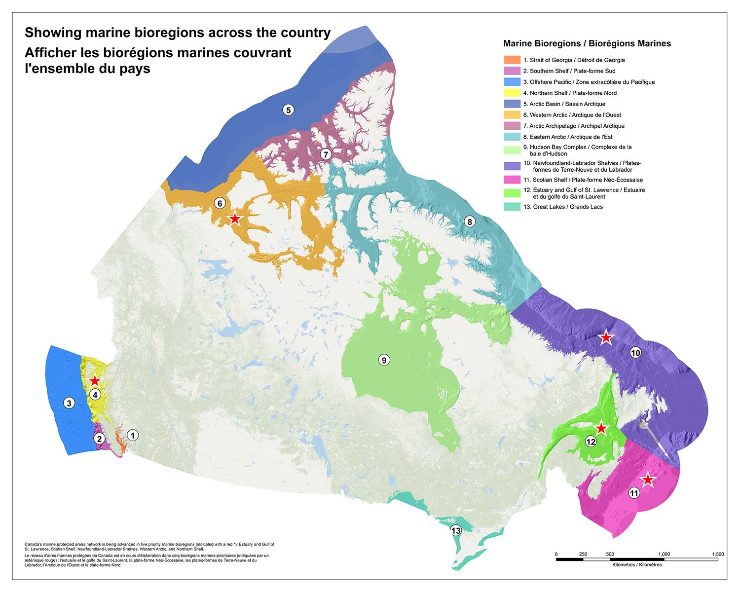 Le réseau d'aires marines protégées du Canada est en cours d'élaboration dans cinq biorégions marines prioritaires (indiquées par un astérique rouge) : l'estuaire et golfe du Saint-Laurent, la plate-forme Néo-Écossaise, les plates-formes de Terre-Neuve et du Labrador, l'Arctique de l'Ouest, et la plate-forme Nord.