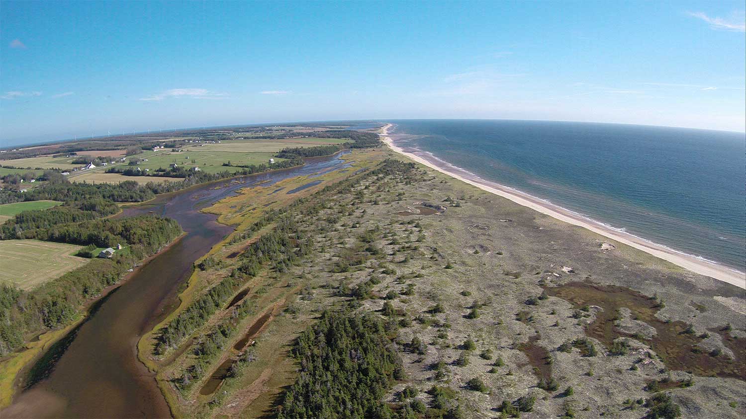 Photo prise par drone du bras nord-est de la ZPM de Basin Head. ©Perry Williams, Virtual Studio Inc. 2014.