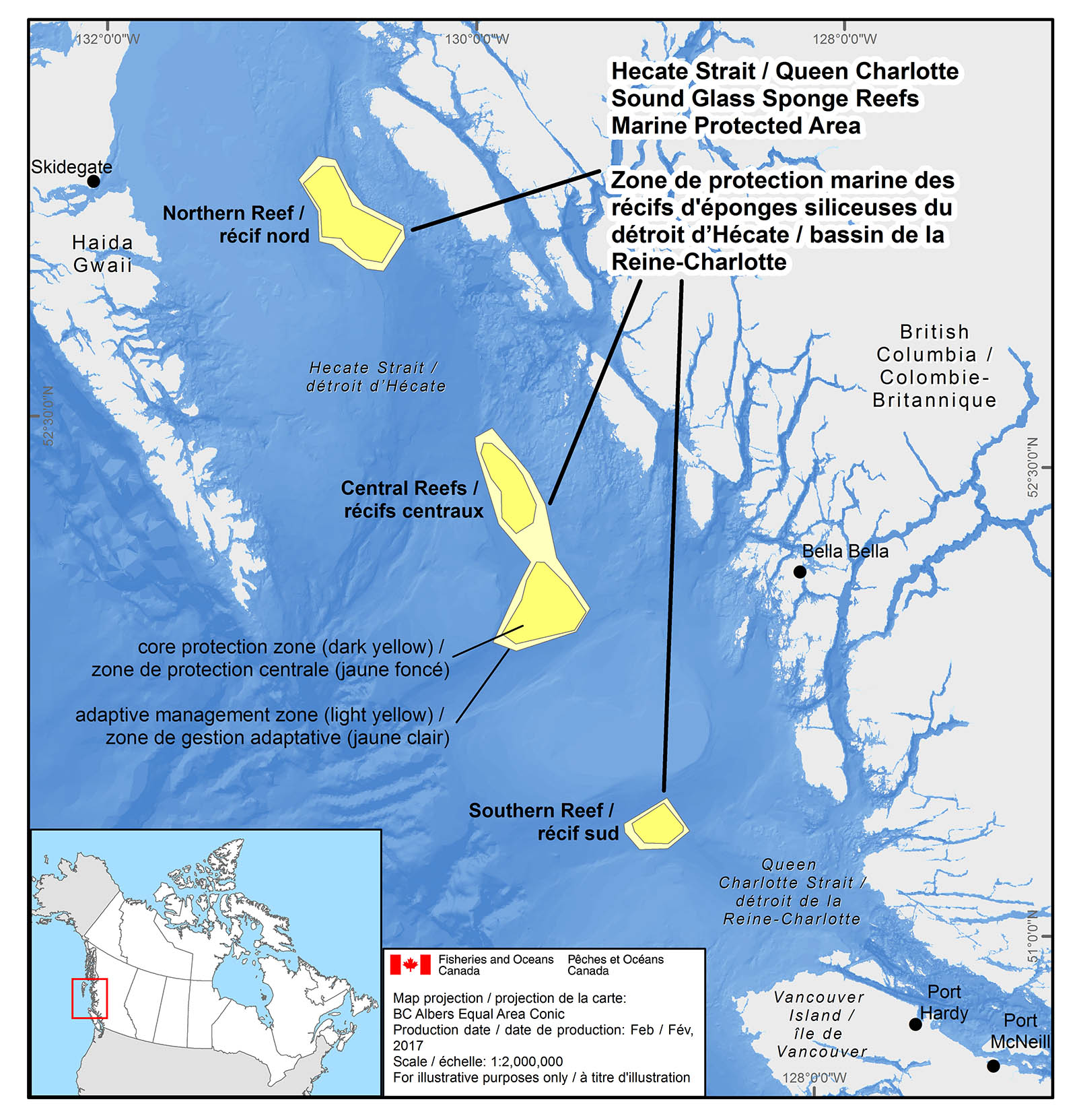 Carte: Zones de protection marine (ZPM) des récifs d’éponges siliceuses du détroit d’Hécate et du bassin de la Reine-Charlotte.
