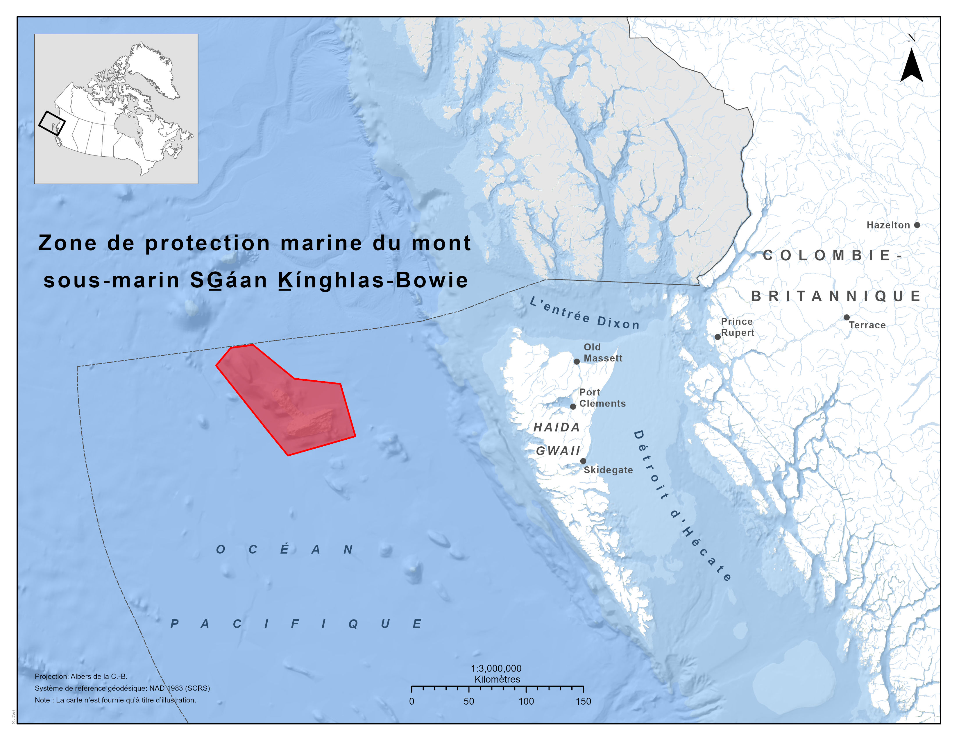 Carte : Zone de protection marine du mont sous-marin SG̲áan K̲ínghlas-Bowie (ZPM SK̲-B)