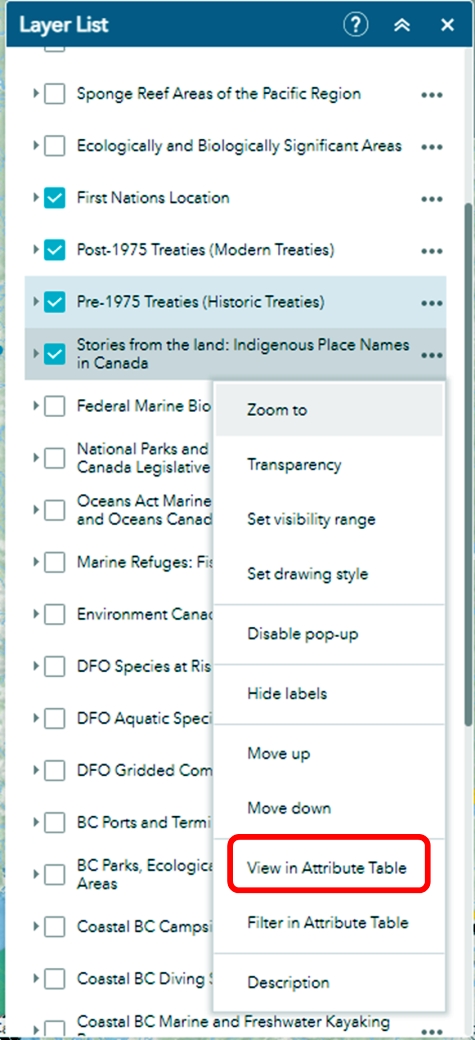 Open Layer List window with the layer « Stories from the land : Indigenous Place Names in Canada” selected and the “view in Attribute table” circled in red.