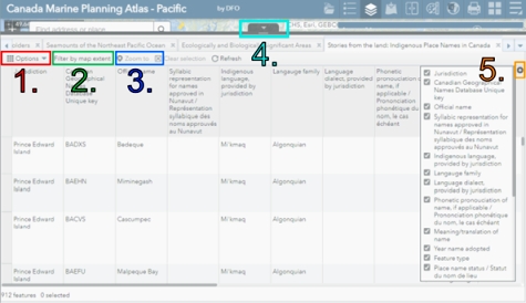 The Attribute table with the actions “options”, “Filter by map extent”, “zoom to”, “tab with triangle” and “plus” highlighted.