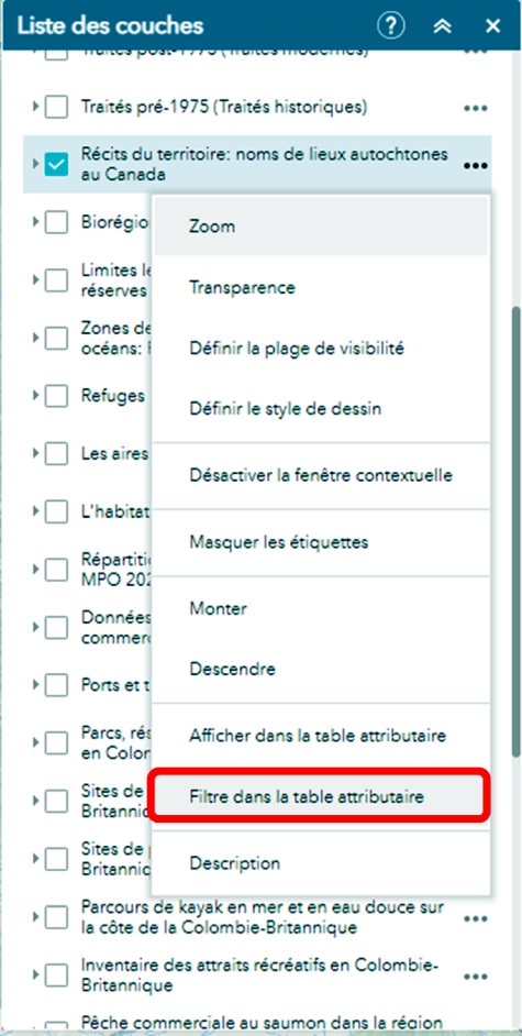Liste des couches ouverte avec des couches sélectionnées et l'option «&nbsp;Filtre dans la table des attributs&nbsp;»    encerclée en rouge.