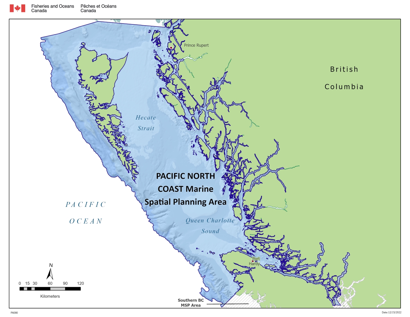 The Pacific North Coast planning area encompasses the Northern Shelf Bioregion. This approximately 101,000 km² area extends from the coastal watershed in the east to the base of the continental shelf slope in the west and from the Canada-U.S. border of Alaska in the north to northwest Vancouver Island (Brooks Peninsula) and Quadra Island in the south.
