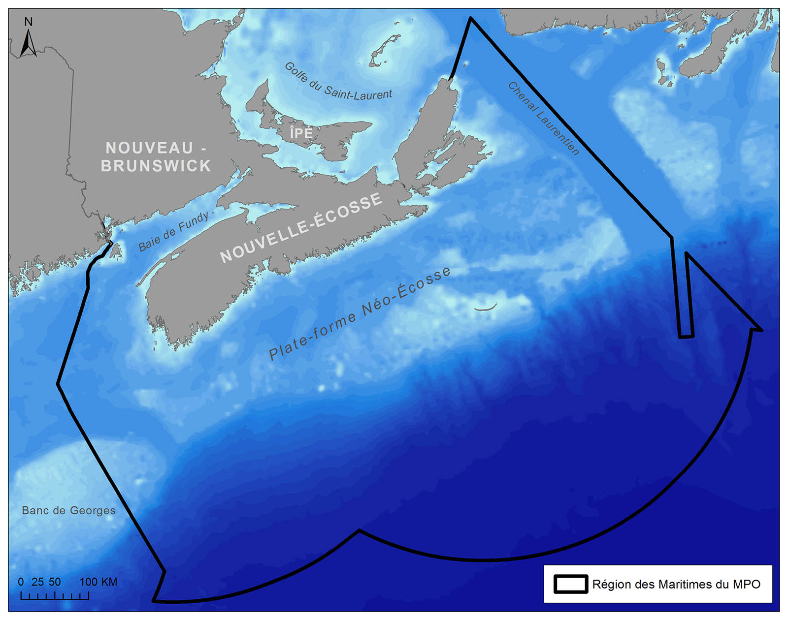 Carte du plateau néo-écossais (illustrée par les limites de la région des Maritimes de Pêches et Océans Canada)
