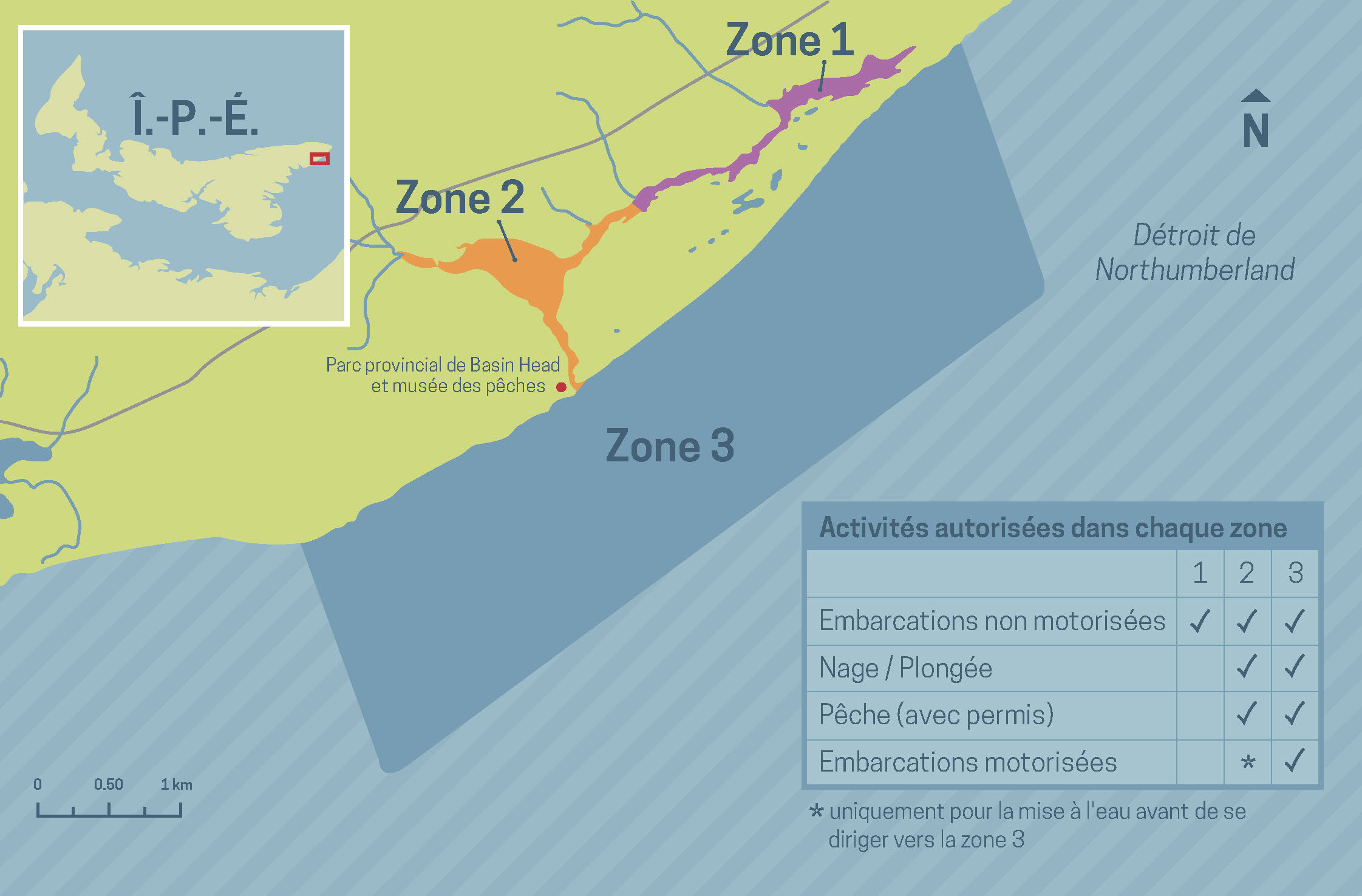 Carte du zonage de la zone de protection marine de Basin Head. La version textuelle suit.