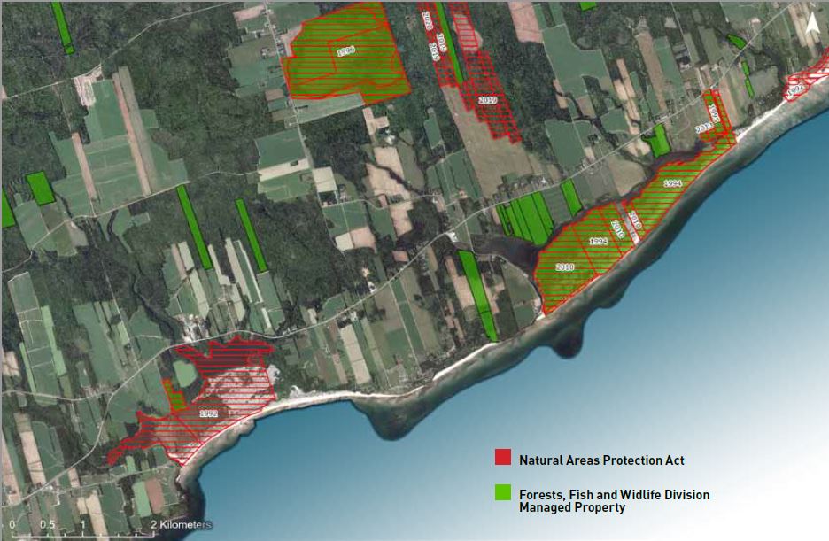 Image aérienne des zones protégées et des terres gérées par la province dans le bassin versant de Basin Head.