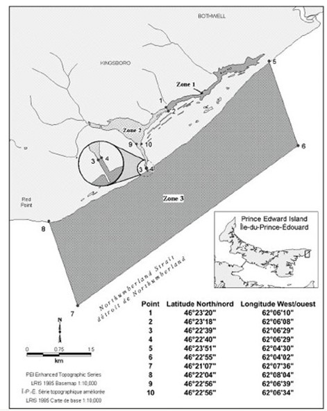 Map of the delineation of the Basin Head MPA boundaries. Points delineate the boundaries of each zone within the MPA. Text version below.