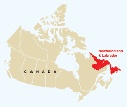 Map of Canada, showing location of Newfoundland and Labrador