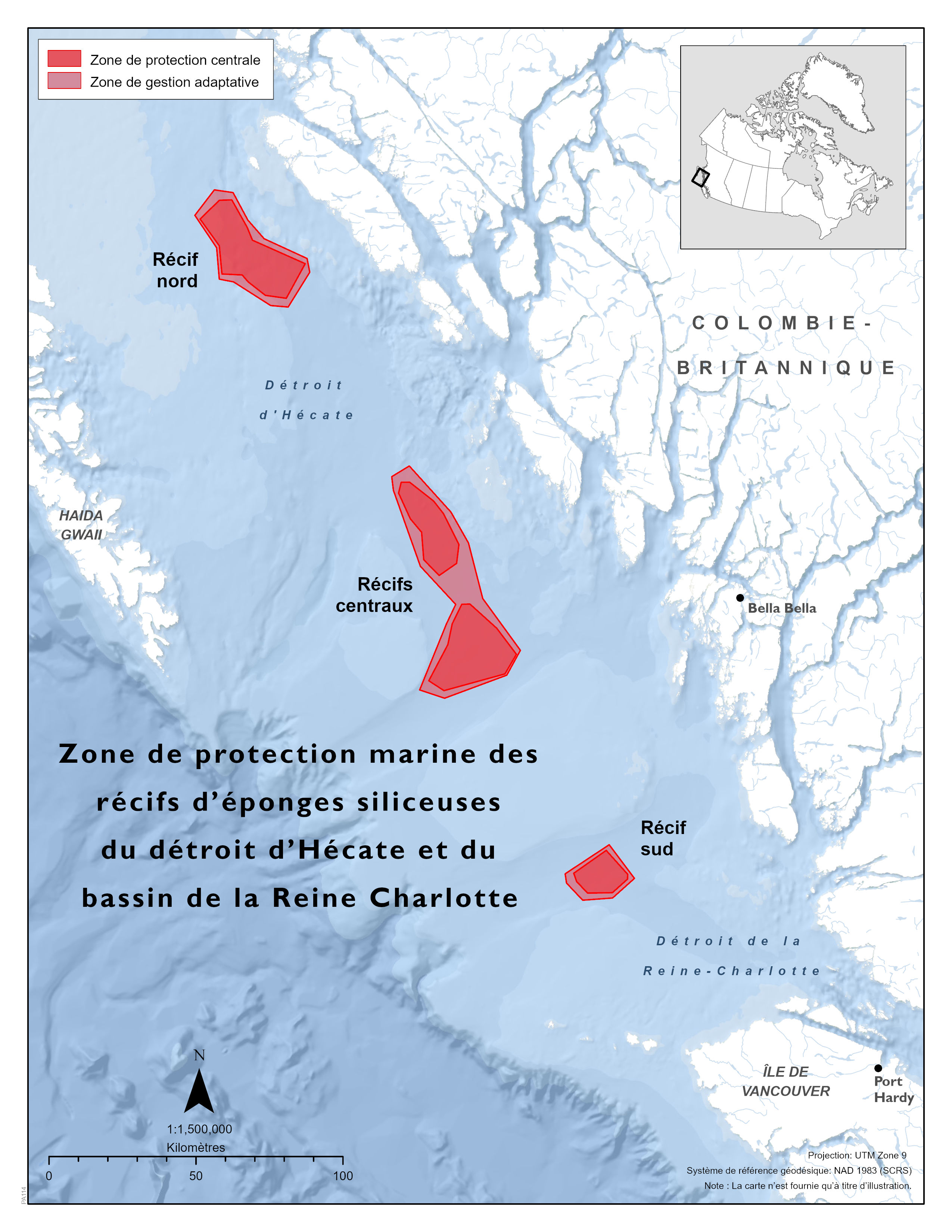 Carte de la zone de protection marine des récifs d’éponges siliceuses du détroit d'Hécate et du bassin de la Reine-Charlotte