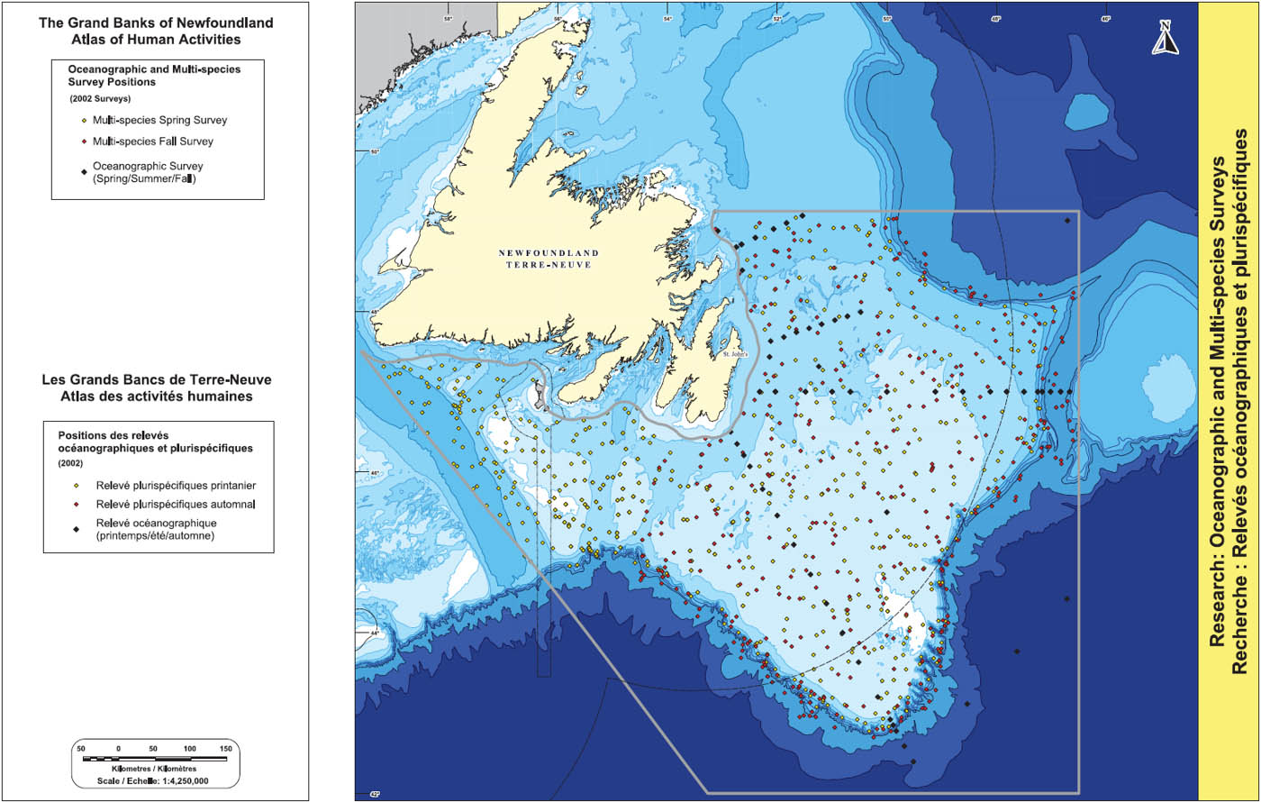 Map depicting research: Oceanographic and Multi-species Surveys