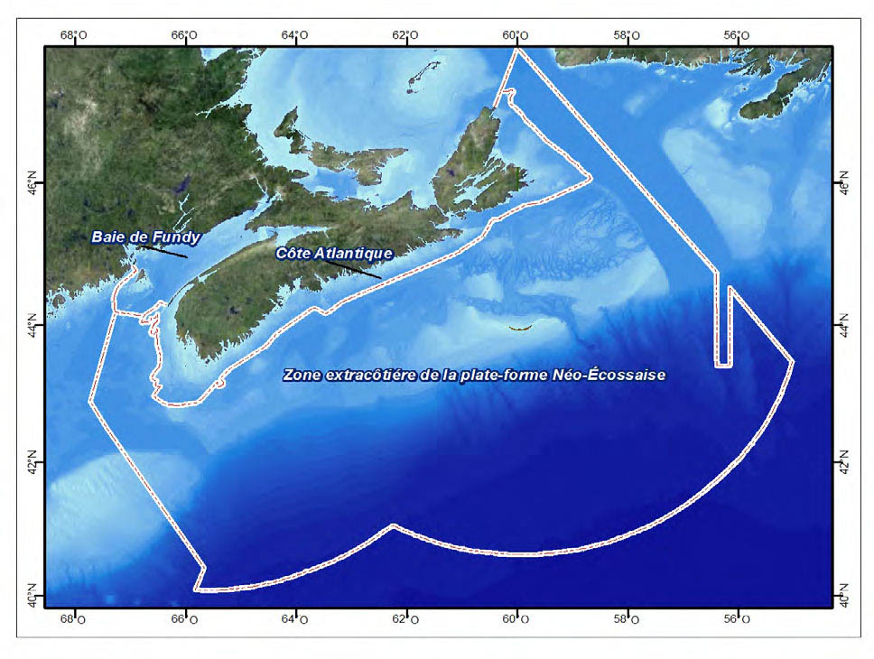 Figure 1 : Zones de planification de la biorégion de la plate-forme-Néo-Écossaise-baie-de-Fundy, région des Maritimes de Pêches et Océans Canada. La figure 1 est une carte de la zone couverte par le Plan régional pour les océans qui montre l'étendue de la zone économique exclusive et les frontières avec les régions de Terre-Neuve-et-Labrador et du Golfe de Pêches et Océans Canada ainsi qu'avec les États-Unis. Elle présente la baie de Fundy, la côte Atlantique et la zone extracôtière de la plate-forme Néo-Écossaise dans cette zone générale