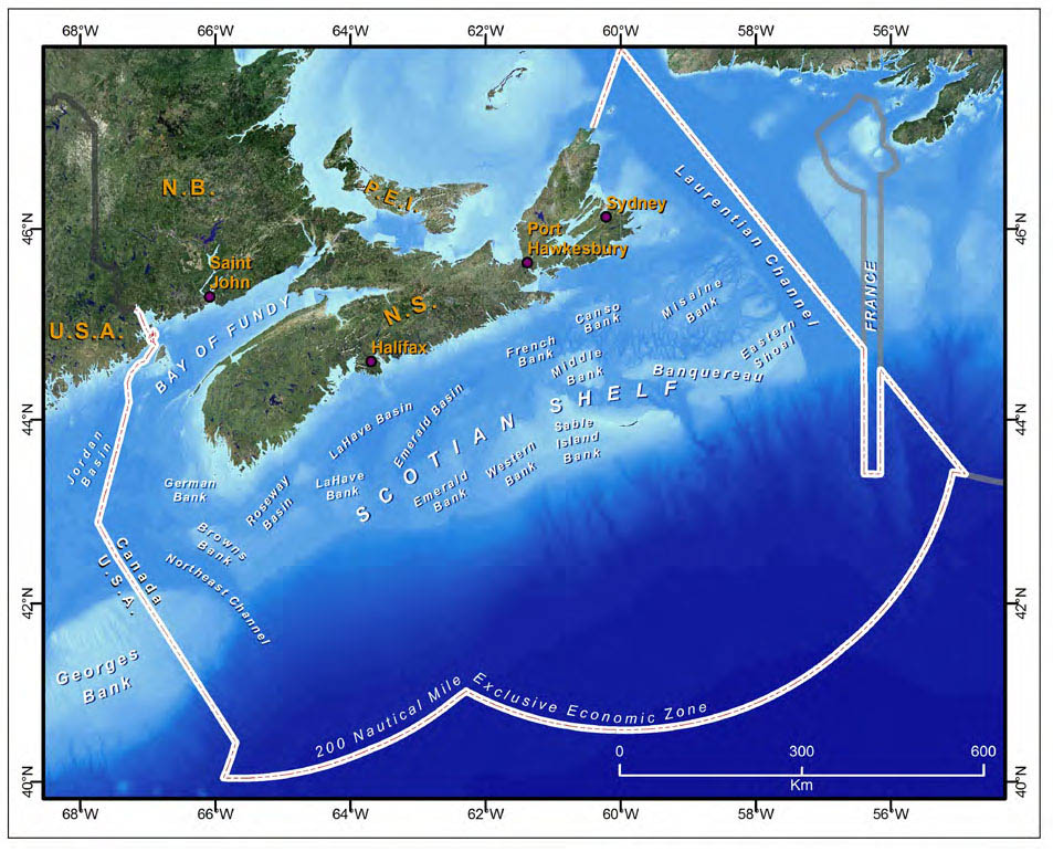 Figure 3: Underwater Features of the Scotian Shelf-Bay of Fundy Bioregion. Figure 3 is a map of the area covered by the Regional Oceans Plan with a number of underwater features labelled including things such as the major banks, channels, canyons and basins.