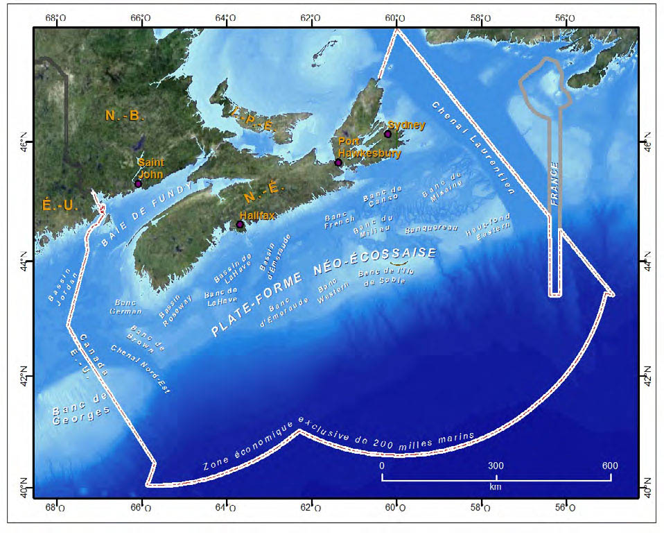 Figure 3 : Caractéristiques sous-marines de la biorégion de la plate-forme-Néo-Écossaise-baie-de-Fundy. La figure 3 est une carte de la zone couverte par le Plan régional pour les océans dans laquelle plusieurs caractéristiques sous-marines sont étiquetées, y compris les principaux bancs, chenaux, canyons et bassins.