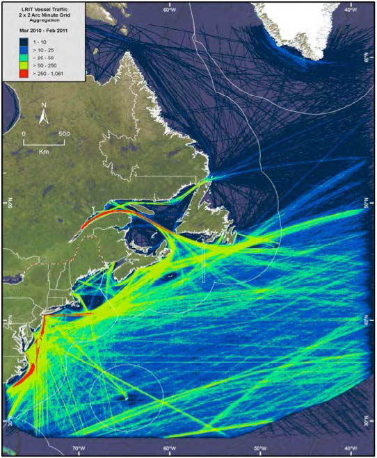 Figure 4: Vessel traffic densities in the Northwest Atlantic. Figure 4 is a map of the east coast of North America showing areas of greatest marine vessel traffic extending along the coast, into the St Lawrence River and across the Atlantic.