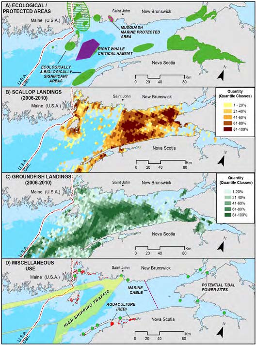 Figure 7: Overlapping Activities and Priorities in the Bay of Fundy. Figure 7 is a composite of 4 maps of the Bay of Fundy to illustrate the overlapping uses and conservation priorities in the Bay. The maps illustrate ecological and protected areas, scallop landings, groundfish landings, and other uses including shipping routes, aquaculture sites, marine cables and potential tidal power sites.