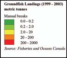 Legend: Groundfish landings by Gear Type (1999-2003)