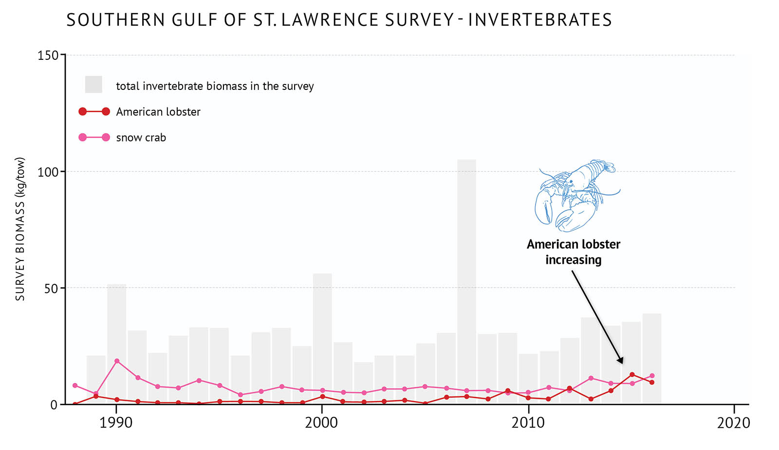 Figure 24: Survey biomass for benthic invertebrates, American lobster and snow crab in the southern Gulf of St. Lawrence. A bar and line graph illustrates the survey biomass for benthic invertebrates as well as individual species in the southern Gulf of St. Lawrence. Text above the graph says “Southern Gulf of St. Lawrence Survey - Invertebrates”. The vertical axis on the left shows the survey biomass in units of kilograms per tow from 0 to 150 in increments of 50. The bottom horizontal axis shows the years between 1990 and 2020 in 10 year increments. The biomass for total pelagic fish in the survey is represented by grey vertical bars. The data extends from 1988 to 2016. The total survey biomass fluctuates around 25 kilograms per tow with peaks of near 50 kilograms per tow in 1990 and 2000. Another peak just above 100 kilograms per tow occurs in 2007. The survey biomass of individual species is represented by coloured lines on the same graph. A legend appears on the left. A red data line shows the survey biomass for American lobster. A light red data line shows the survey biomass for snow crab. Both snow crab and American lobster biomasses are fairly flat across the time period of the graph and fluctuate generally below 10 kilograms per tow. Snow crab biomass is higher than American lobster until the late 2000s when American lobster biomass increases. A small, light blue outline drawing of an American lobster is placed above the vertical bars to the right-hand side of the graph. Below the drawing there is text which states “American lobster increasing”. An arrow points from the text to the mid-2010s period.