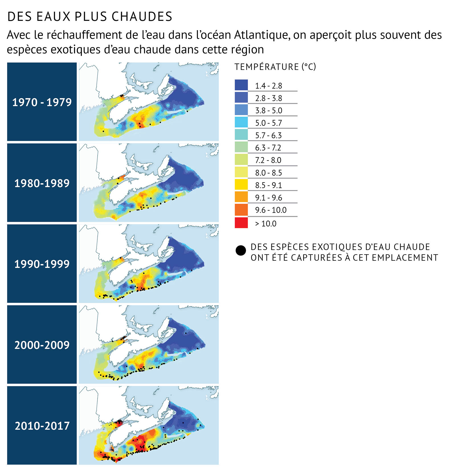 Figure 31 : Répartition par décennie des captures d’espèces de poissons d’eau chaude qui se superpose à la température moyenne pour chaque période de temps. Les points noirs représentent des relevés dans lesquels était présente au moins une espèce de poissons d’eau chaude. Récemment, le nombre et la fréquence d’espèces d’eau chaude capturées ont augmenté. Une légende en haut d’une ligne de texte indique « Eau plus chaude ». En dessous, une autre ligne de texte indique « Tandis que l’eau se réchauffe, on rencontre plus souvent dans la région des espèces exotiques d’eau chaude ». Sous le texte, cinq cartes empilées verticalement de 1970 à 2017 montrent l’évolution de la température de l’eau et les captures d’espèces d’eau chaude au fil du temps. Les cartes représentent respectivement les périodes 1970-1979, 1980-1989, 1990-1999, 2000-2009 et 2010-2017, de haut en bas. Chaque carte montre la même région de la côte Est du Canada centrée sur le Nouveau-Brunswick et la Nouvelle-Écosse et la plate-forme Néo-Écossaise, du golfe du Saint-Laurent au nord au banc de Georges au sud-ouest. La zone de la plate-forme Néo-Écossaise de chaque carte est ombrée de couleurs représentant la température moyenne pour chaque période. Une légende à droite des cartes montre la plage de températures et les couleurs utilisées pour les représenter sur la carte. Il y a 12 couleurs représentant chacune une plage de températures. Le bleu foncé en haut de la légende représente la plage de 1,4 à 2,8 °C et le rouge en bas représente des températures >10 °C. Chaque couleur dénote une plage de 0,4 à 1,4 °C. Au bas de la légende, un point noir avec un texte en regard indique « Des espèces exotiques d’eau chaude ont été capturées à cet emplacement ». Sur la carte du haut, la coloration du plateau présente une zone en bleu plus foncé à l’extrémité orientale de la plate-forme Néo-Écossaise. La couleur passe ensuite à des bleus plus clairs, puis au jaune et à l’orange au milieu de la plate-forme Néo-Écossaise. Il y a ensuite une petite zone de bleu plus bas, puis plus de jaune dans la zone ombragée qui entoure l’extrémité occidentale de la Nouvelle-Écosse dans la baie de Fundy. Quelques points noirs sont dispersés vers le milieu et le bas de la plate-forme Néo-Écossaise. Quelques autres sont situés en haut de la baie de Fundy. Ce motif général d’ombres colorées est visible sur chaque carte, mais les zones jaunes et oranges deviennent plus foncées et plus larges en descendant le long de la pile, ce qui indique que la température augmente avec le temps, surtout au milieu de la plate-forme et près du bord inférieur. Le nombre de points noirs augmente également et ils sont généralement situés entre le centre et l’ouest de la plate-forme Néo-Écossaise et de la partie supérieure de la baie de Fundy; quelques-uns sont dispersés dans d’autres régions.