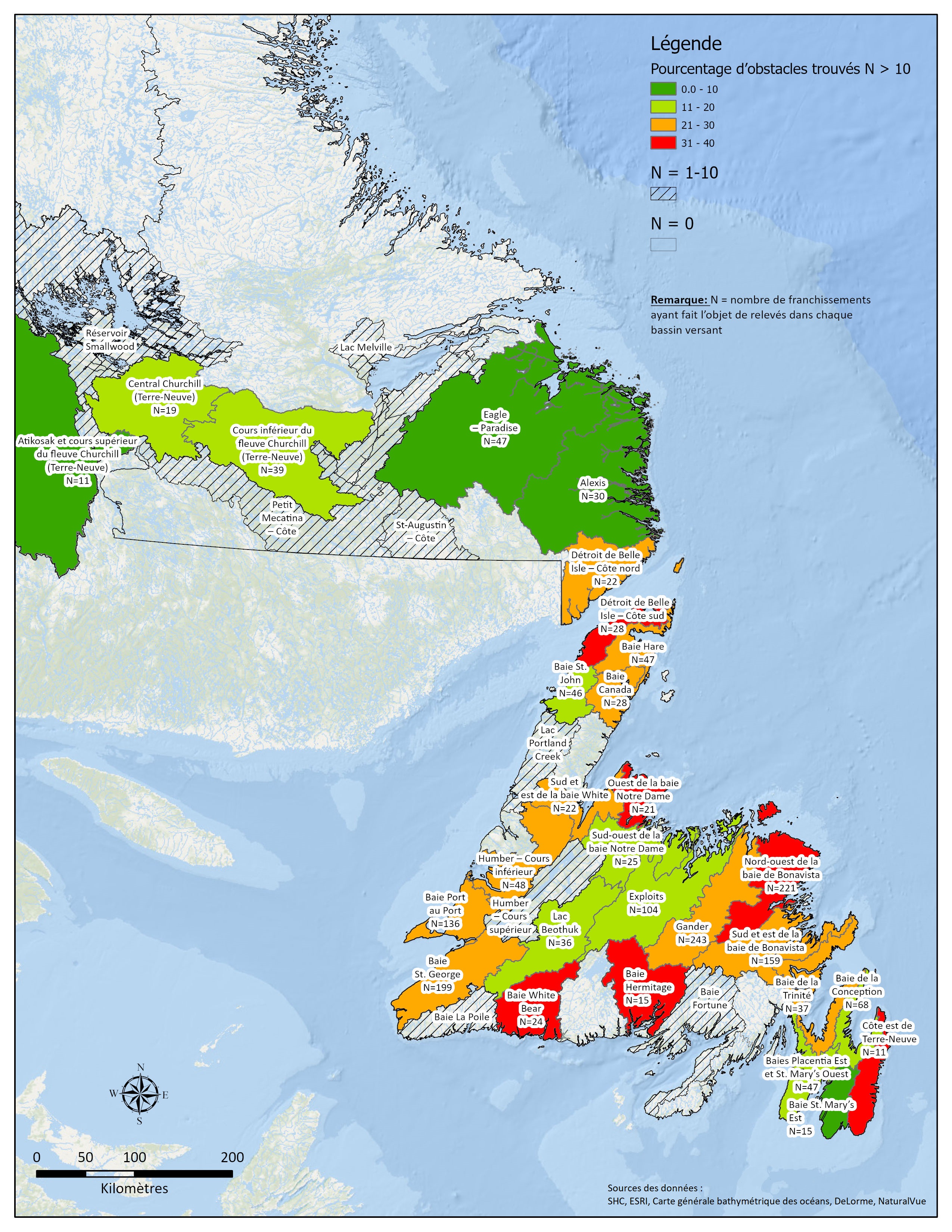 Évaluation des obstacles visant les franchissements pour l'île de Terre-Neuve (par exemple, pourcentage d'obstacles et nombre de relevés), par bassin hydrographique du réseau hydrographique national.